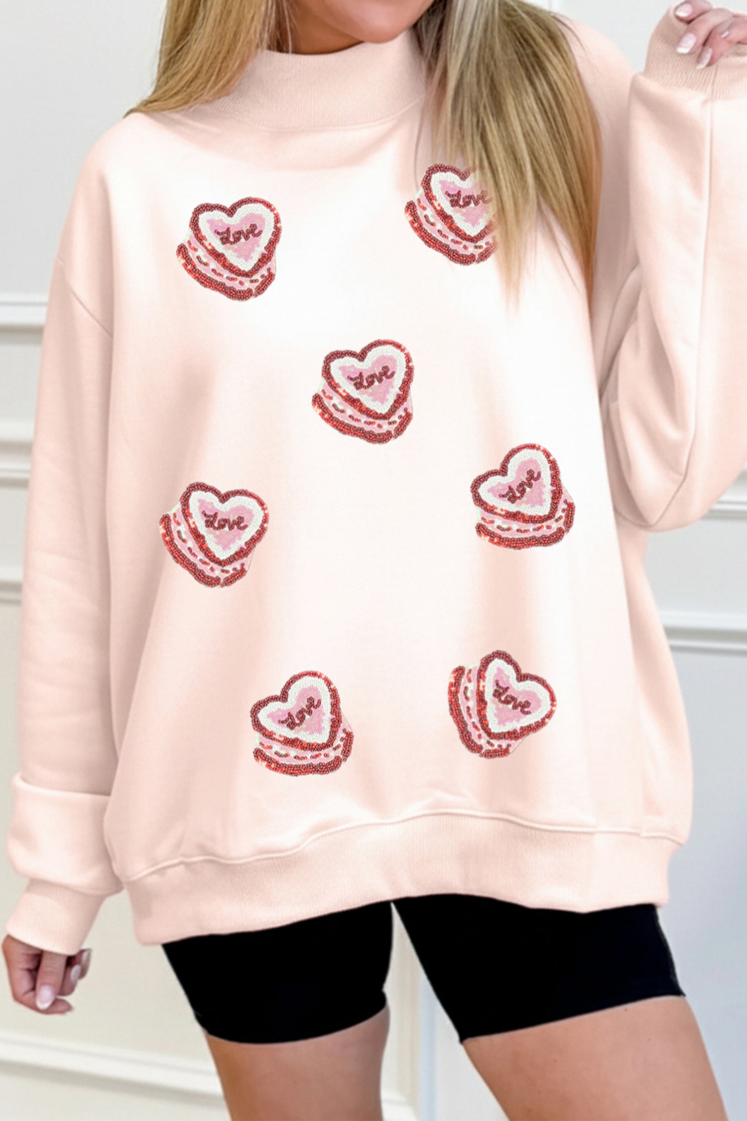 Light Pink Sequin Heart Patched Love Cake Mock Neck Sweatshirt-Graphic/Graphic Sweatshirts-[Adult]-[Female]-Light Pink-S-2022 Online Blue Zone Planet