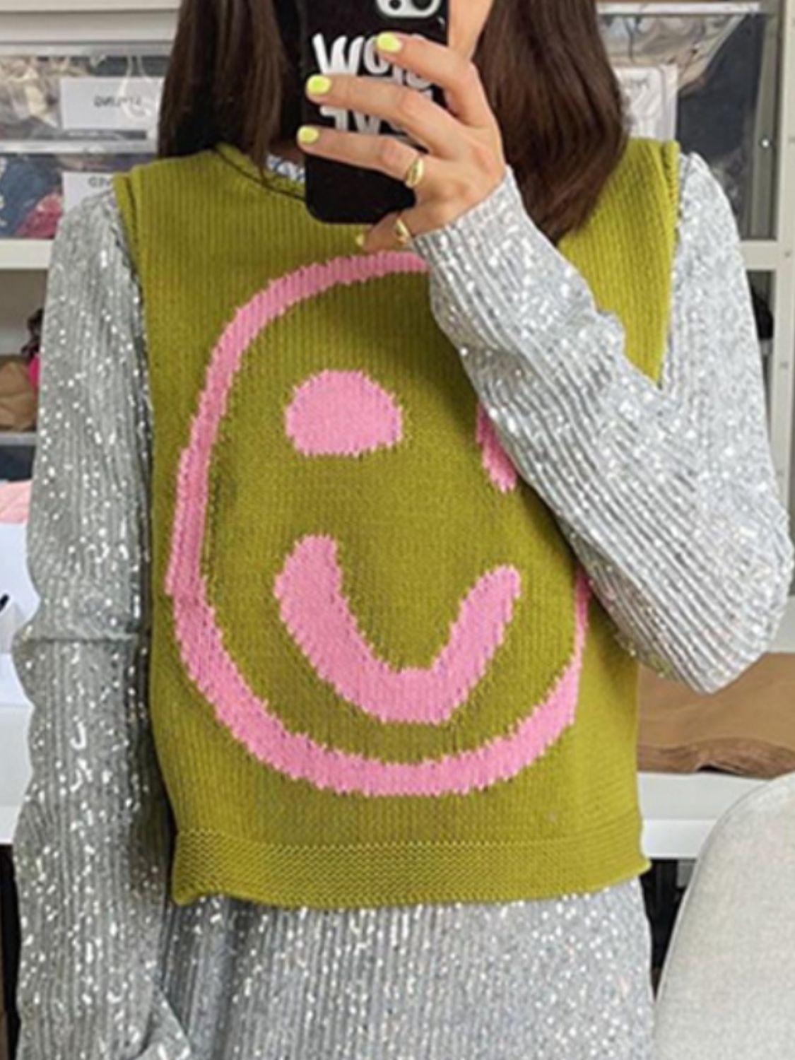 Smiley Round Neck Sweater Vest-TOPS / DRESSES-[Adult]-[Female]-2022 Online Blue Zone Planet