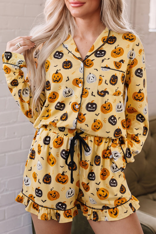 Orange Long Sleeve Ruffle Pumpkin Face Print Two Piece Lounge Set-Loungewear & Sleepwear/Loungewear-[Adult]-[Female]-2022 Online Blue Zone Planet