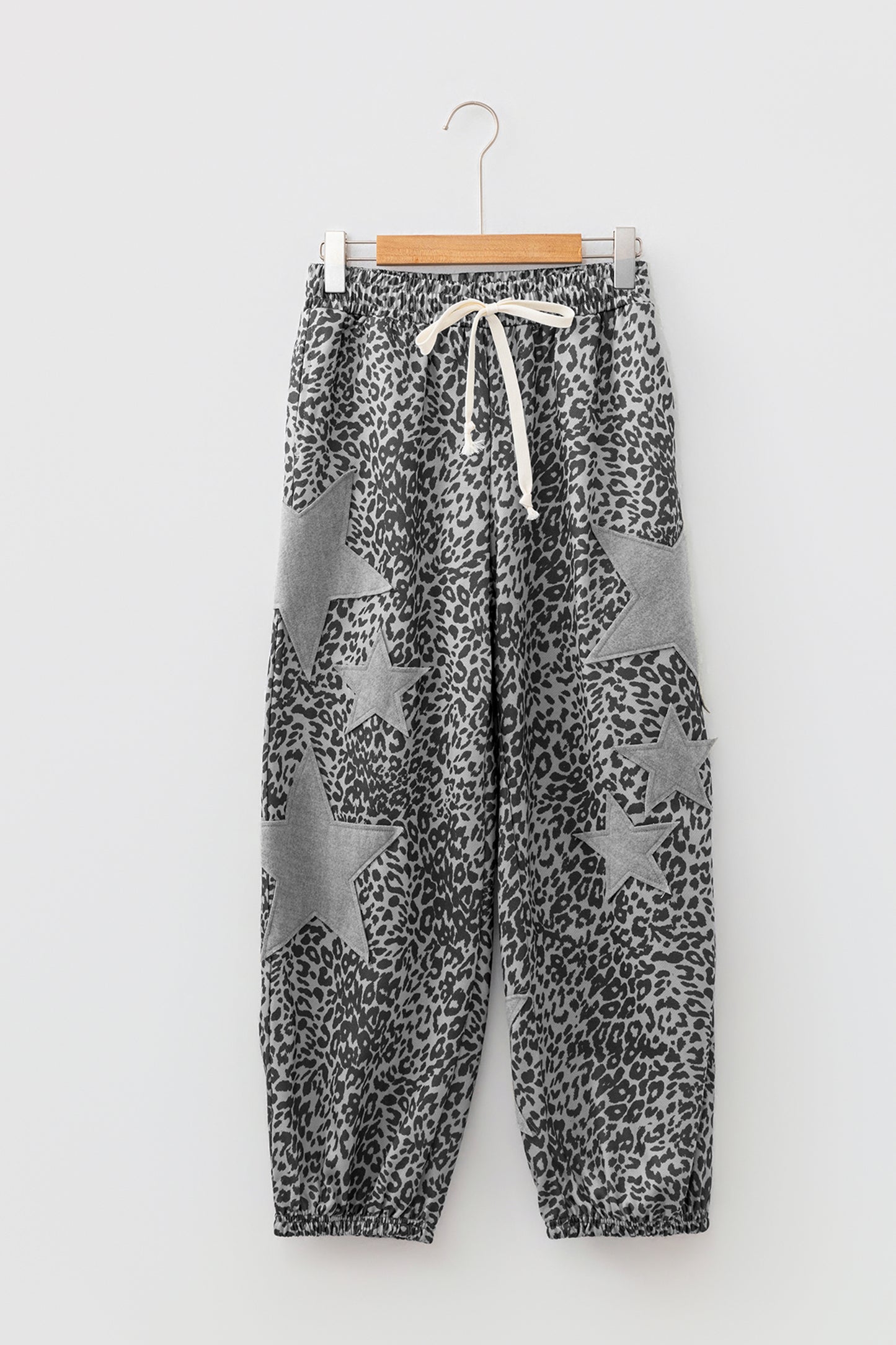 Gray Leopard Print Star Patched Drawstring Elastic Waist Jogger Pants-Bottoms/Pants & Culotte-[Adult]-[Female]-2022 Online Blue Zone Planet