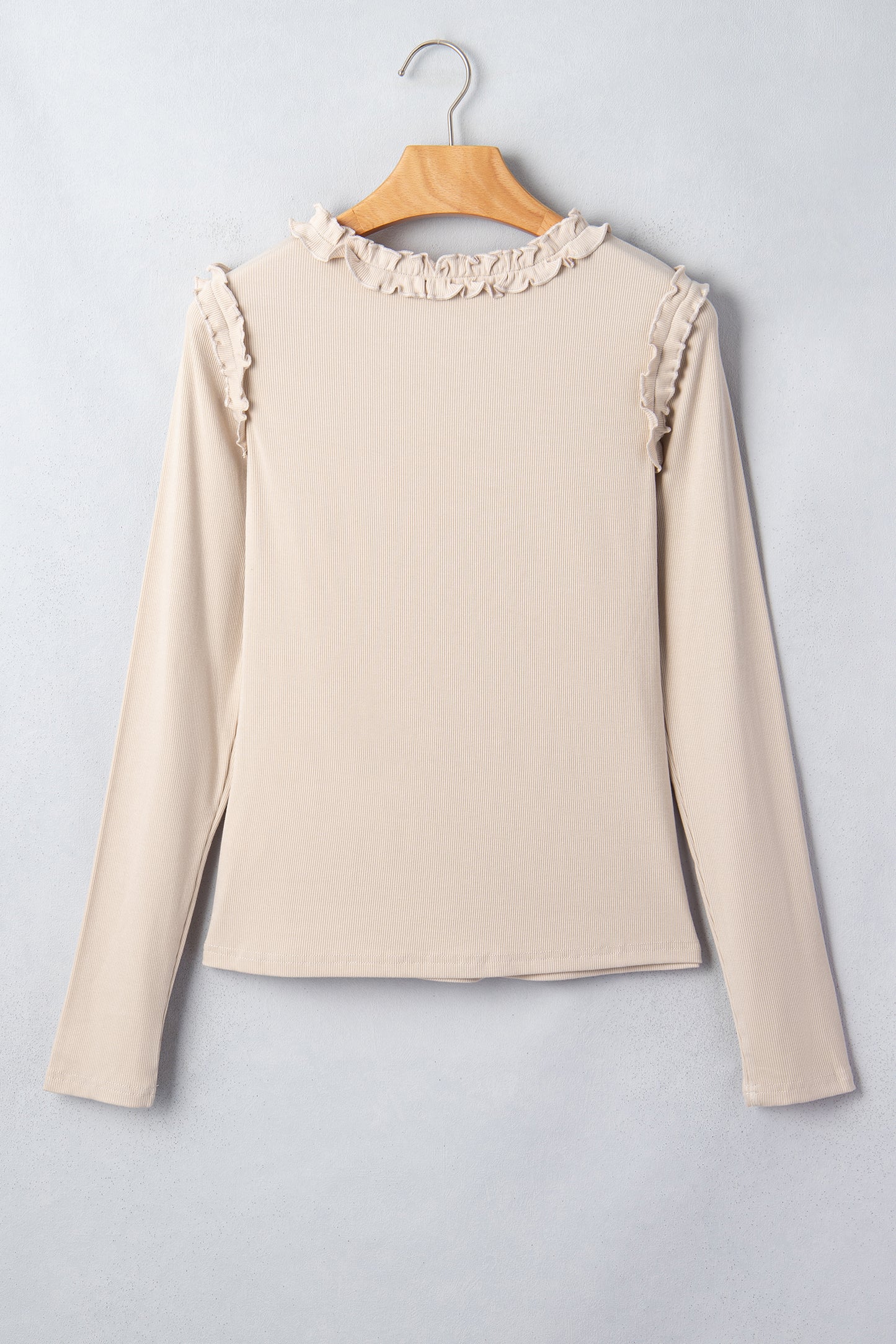 Beige Solid Color Round Neck Frill Detail Long Sleeve Top-Tops/Long Sleeve Tops-[Adult]-[Female]-2022 Online Blue Zone Planet