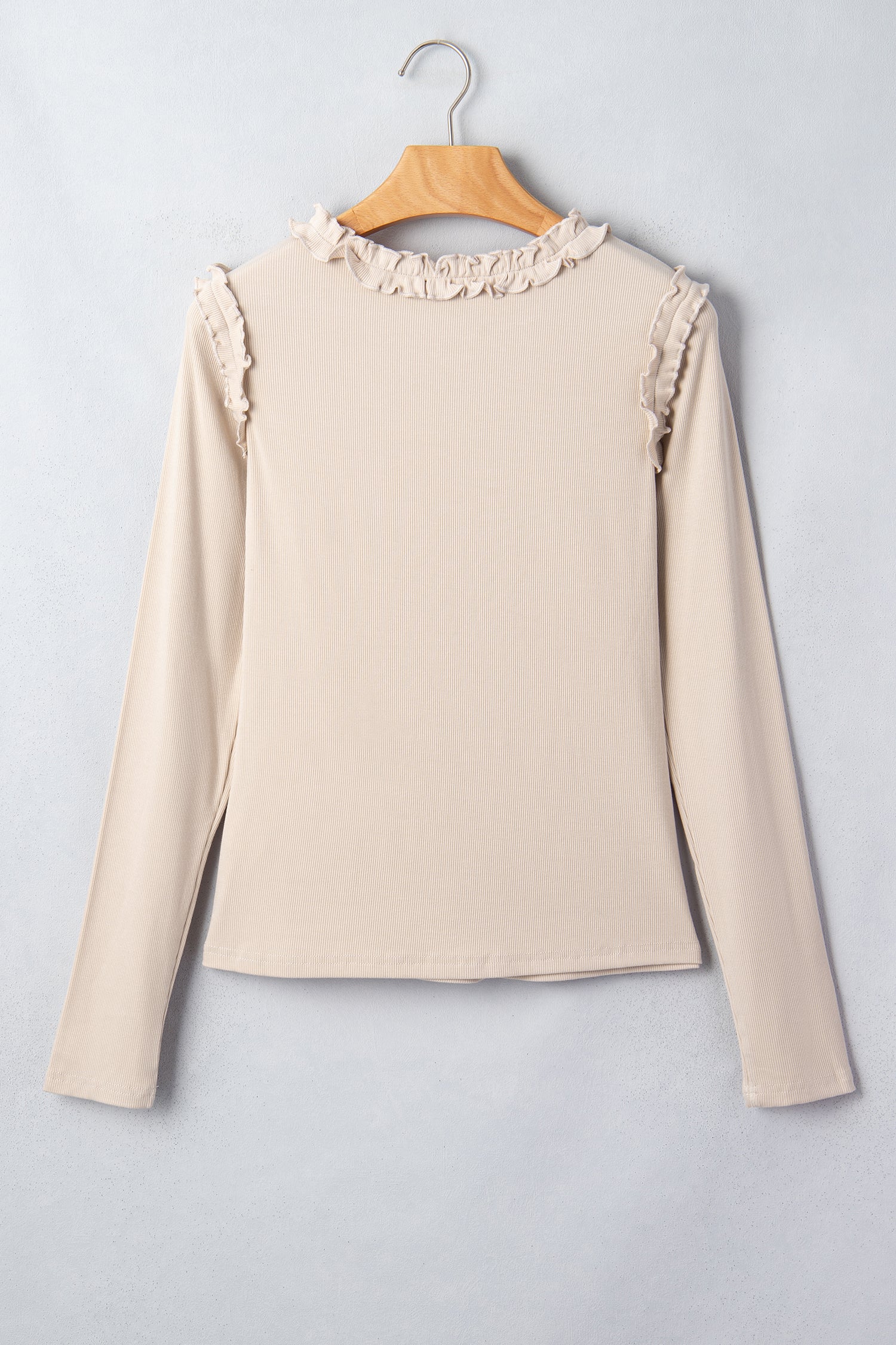 Beige Solid Color Round Neck Frill Detail Long Sleeve Top-Tops/Long Sleeve Tops-[Adult]-[Female]-2022 Online Blue Zone Planet
