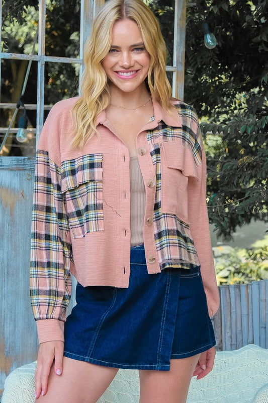 Hailey & Co Plaid Mixed Cropped Jacket-TOPS / DRESSES-[Adult]-[Female]-Pink-S-2022 Online Blue Zone Planet