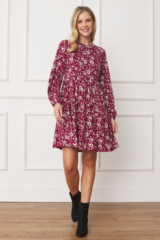 Floral Crew Neck Midi Dress-TOPS / DRESSES-[Adult]-[Female]-burgundy-S-2022 Online Blue Zone Planet