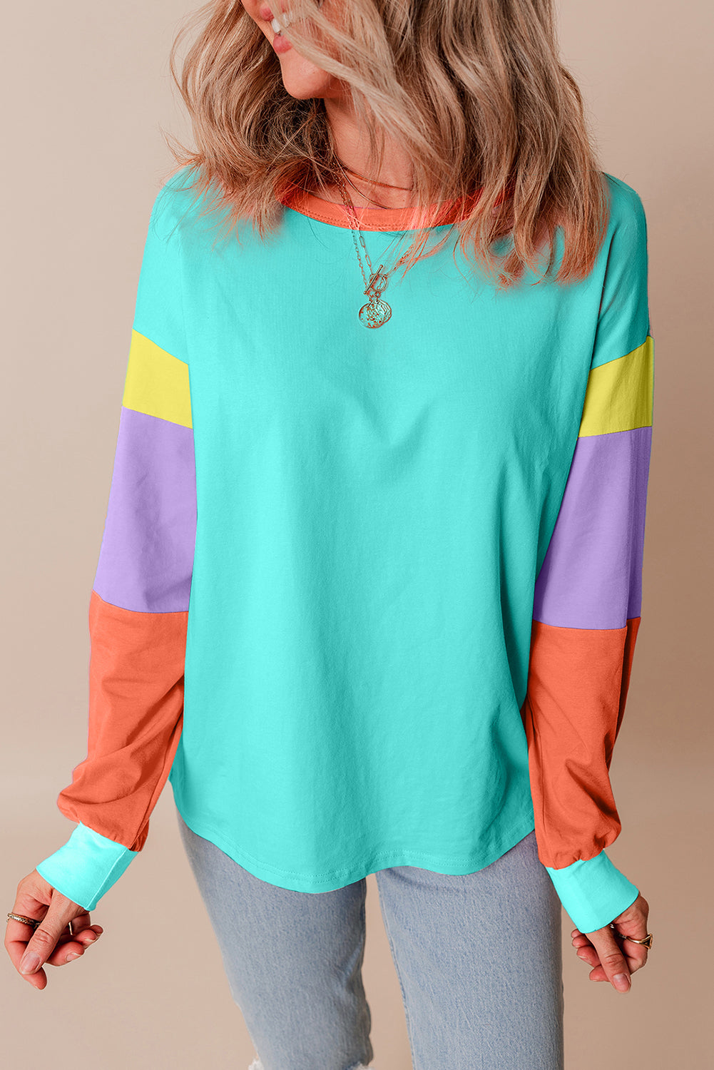 Blue Zone Planet | Green Colorblock Patchwork Long Sleeve Loose Top-TOPS / DRESSES-[Adult]-[Female]-2022 Online Blue Zone Planet