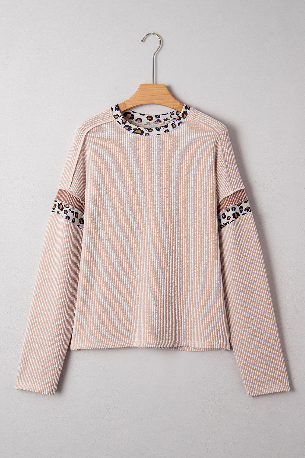 Beige Twist Ribbed Leopard Color Block Detail Drop Shoulder Long Sleeve Top-Tops/Long Sleeve Tops-[Adult]-[Female]-2022 Online Blue Zone Planet