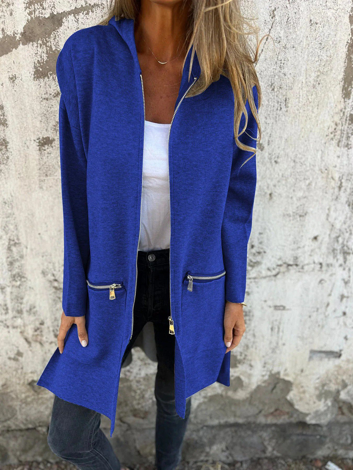 Full Size Zip Up Drop Shoulder Longline Hooded Jacket-TOPS / DRESSES-[Adult]-[Female]-Royal Blue-S-2022 Online Blue Zone Planet