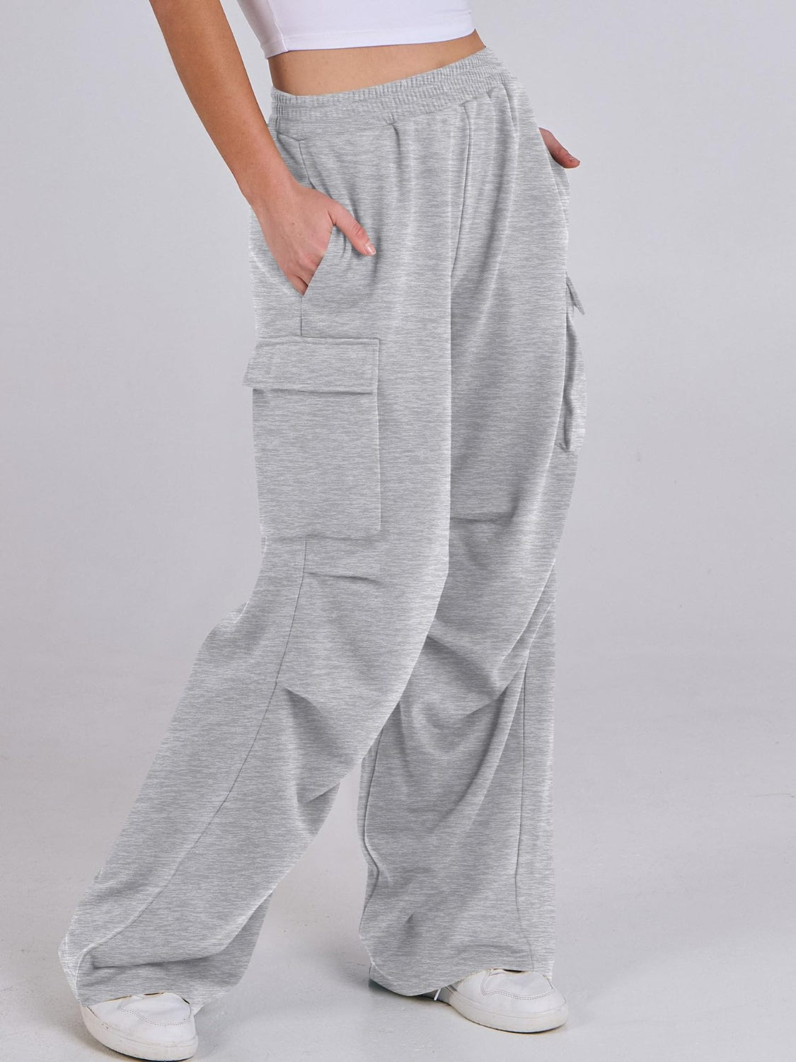 Blue Zone Planet | Elastic Waist Wide Leg Pants with Pockets-BOTTOMS SIZES SMALL MEDIUM LARGE-[Adult]-[Female]-Light Gray-S-2022 Online Blue Zone Planet