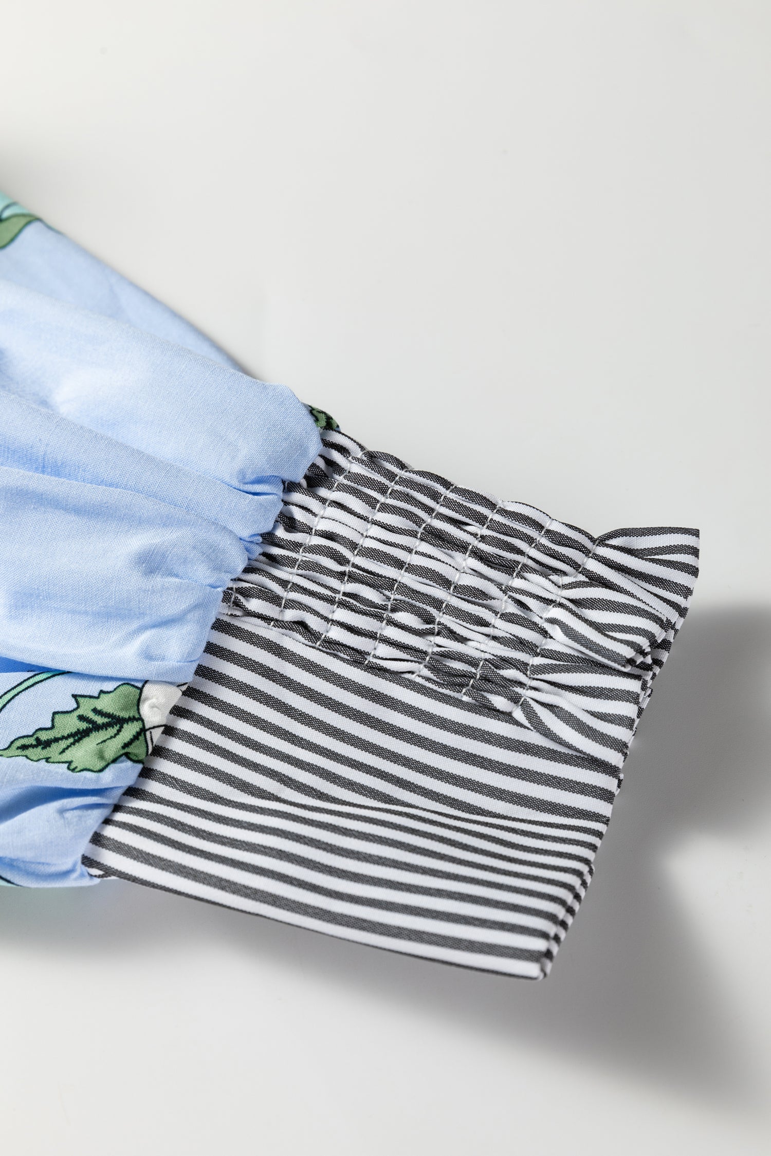 Sky Blue Floral Print Contrast Striped Trim Ruffled V Neck Fall Blouse-Tops/Blouses & Shirts-[Adult]-[Female]-2022 Online Blue Zone Planet