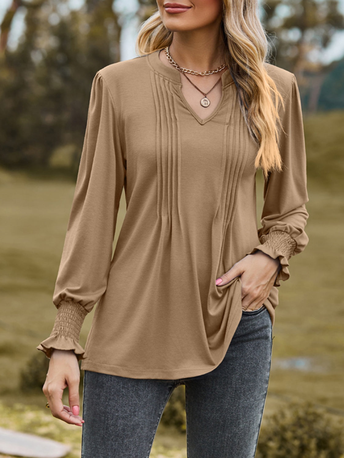 Ruched Notched Long Sleeve T-Shirt-TOPS / DRESSES-[Adult]-[Female]-2022 Online Blue Zone Planet