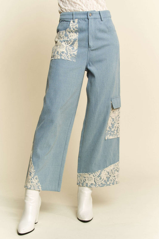 Davi & Dani Lace Applique Wide Leg Jeans-BOTTOMS-[Adult]-[Female]-Light-S-2022 Online Blue Zone Planet
