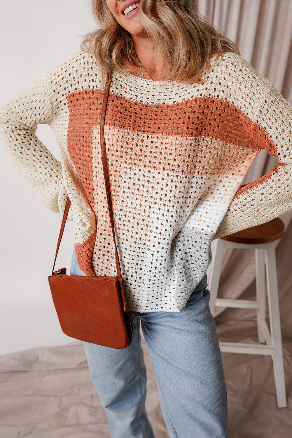 Apricot Pointelle Knit Colorblock Baggy Sweater-Sale (50% OFF)/30% OFF-[Adult]-[Female]-2022 Online Blue Zone Planet