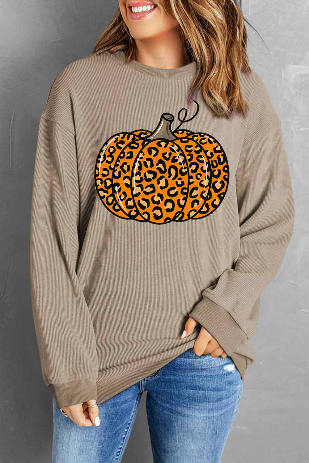 Pumpkin Round Neck Long Sleeve Sweatshirt-TOPS / DRESSES-[Adult]-[Female]-Khaki-S-2022 Online Blue Zone Planet