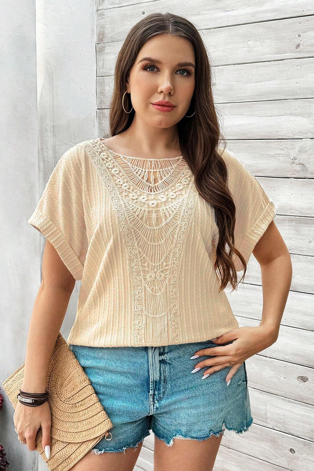 Beige Lace Crochet Patched Cable Textured Cuffed Short Sleeve Plus Size Top-Plus Size Tops-[Adult]-[Female]-2022 Online Blue Zone Planet