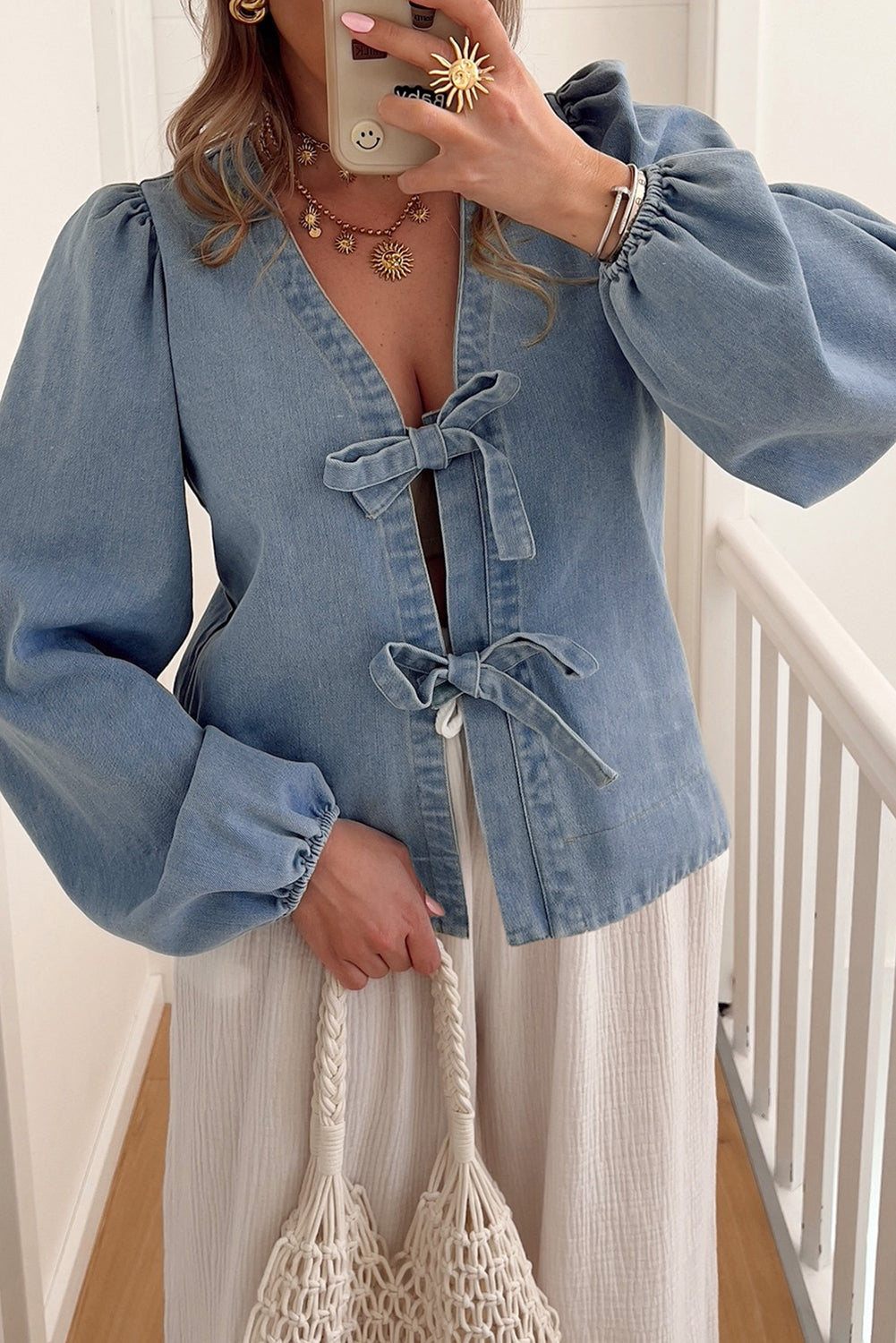 Dusk Blue Tied Front Long Puff Sleeve Denim Top-Tops/Blouses & Shirts-[Adult]-[Female]-Dusk Blue-S-2022 Online Blue Zone Planet