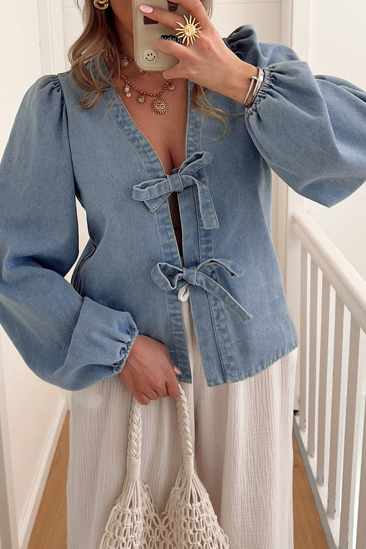 Dusk Blue Tied Front Long Puff Sleeve Denim Top-Tops/Blouses & Shirts-[Adult]-[Female]-Dusk Blue-S-2022 Online Blue Zone Planet