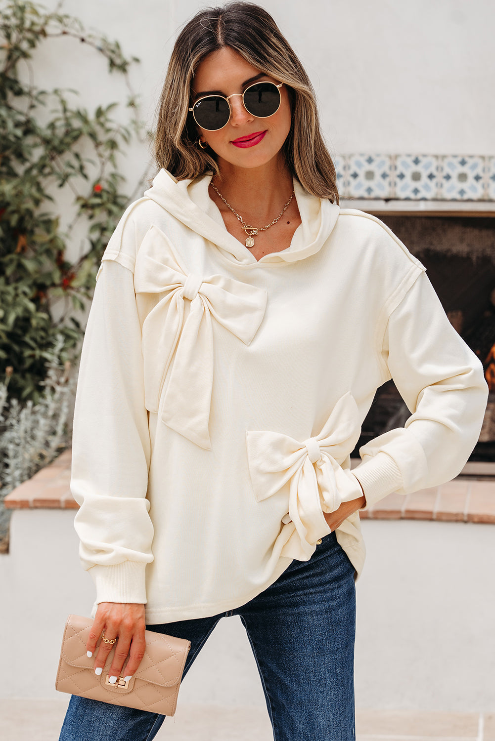 White Solid Color Cute Bow Detail Loose Hoodie-Tops / Dresses-[Adult]-[Female]-2022 Online Blue Zone Planet