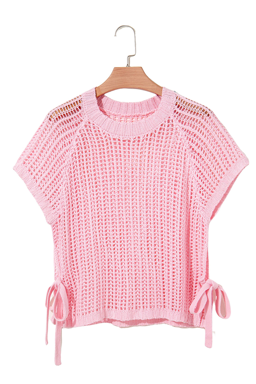 Pink Hollow-Out Crochet Side Tied Short Sleeve Sweater-TOPS / DRESSES-[Adult]-[Female]-2022 Online Blue Zone Planet