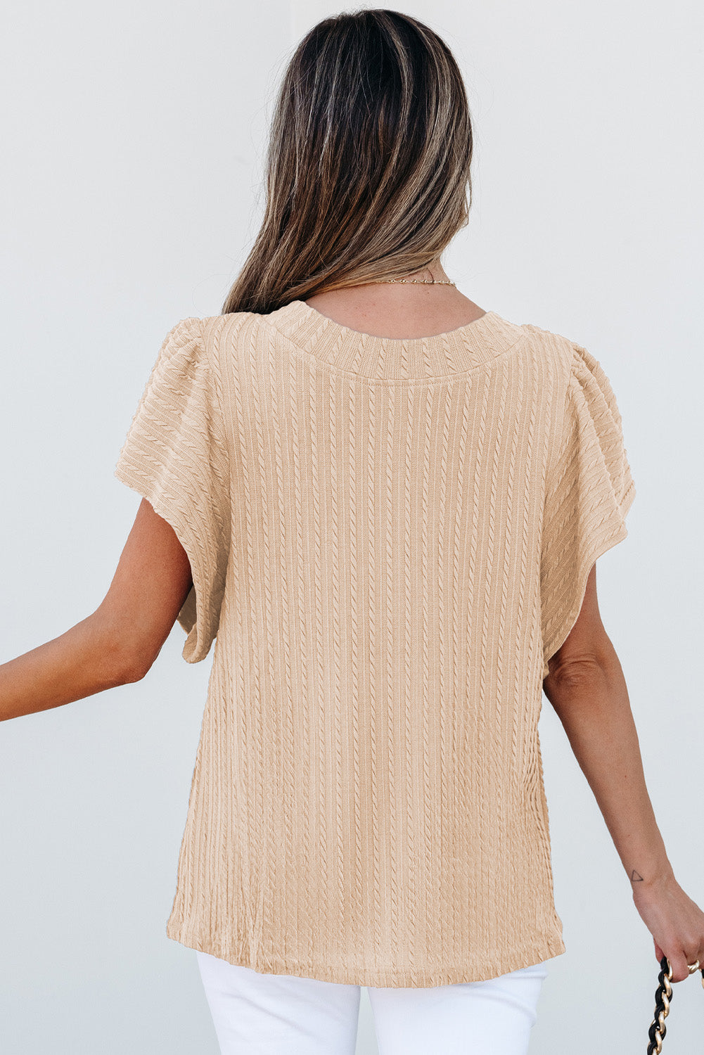 Beige Solid Color Textured Flutter Sleeve Top-Tops/Blouses & Shirts-[Adult]-[Female]-2022 Online Blue Zone Planet