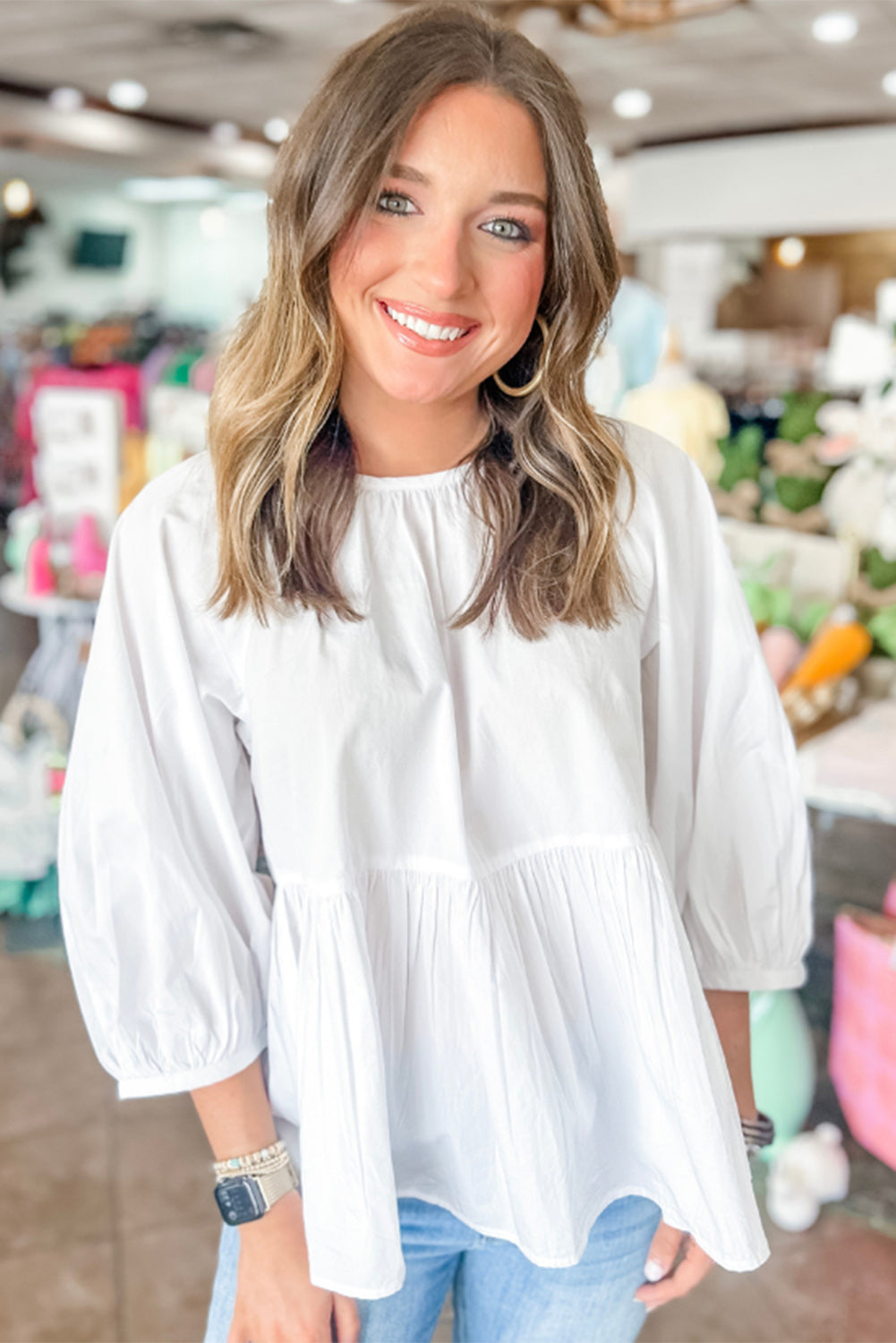 White Bow Knot Cutout Back Loose Fit 3/4 Sleeve Blouse-Tops/Blouses & Shirts-[Adult]-[Female]-2022 Online Blue Zone Planet
