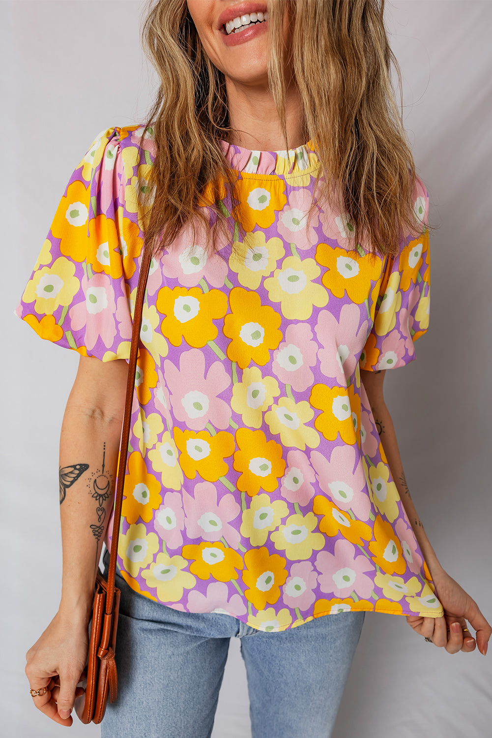 Purple Frilled Neck Puff Short Sleeve Flower Top-Tops/Blouses & Shirts-[Adult]-[Female]-2022 Online Blue Zone Planet