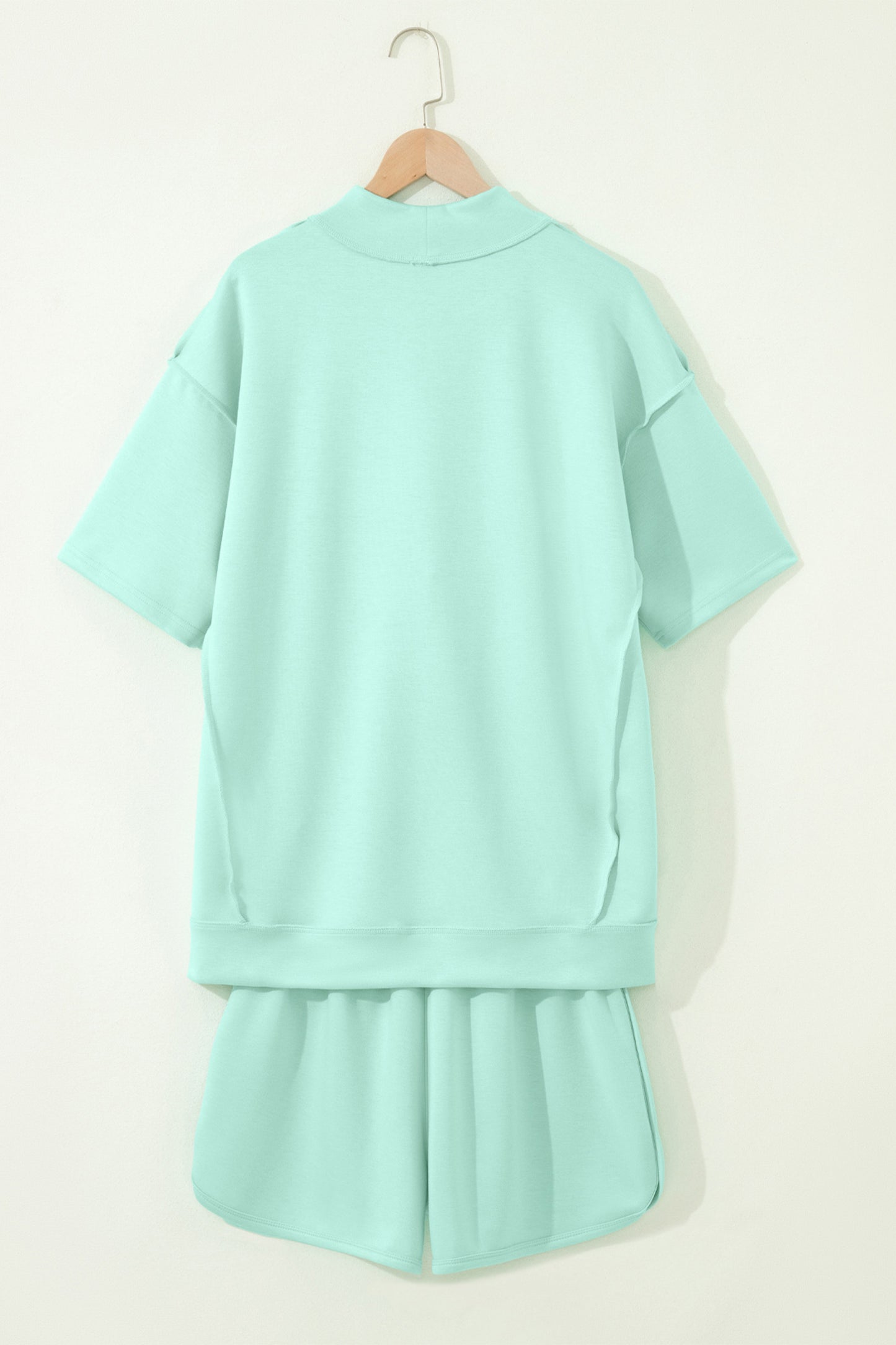 Light Pink Solid Color Exposed Seam Mock Neck Oversize Tee Casual Shorts 2pcs Outfit-Two Piece Sets/Short Sets-[Adult]-[Female]-2022 Online Blue Zone Planet