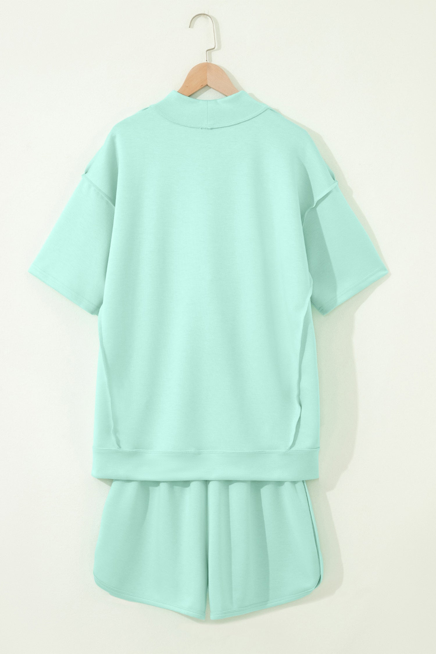 Light Pink Solid Color Exposed Seam Mock Neck Oversize Tee Casual Shorts 2pcs Outfit-Two Piece Sets/Short Sets-[Adult]-[Female]-2022 Online Blue Zone Planet