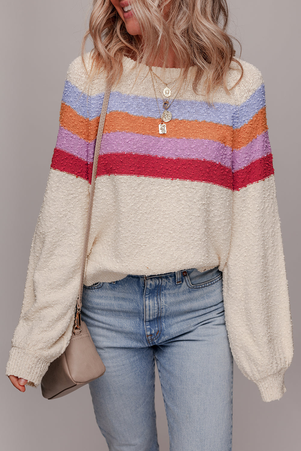 Jet Stream Striped Color Block Loose Sleeve Chic Sweater-Sweaters & Cardigans/Sweaters-[Adult]-[Female]-2022 Online Blue Zone Planet