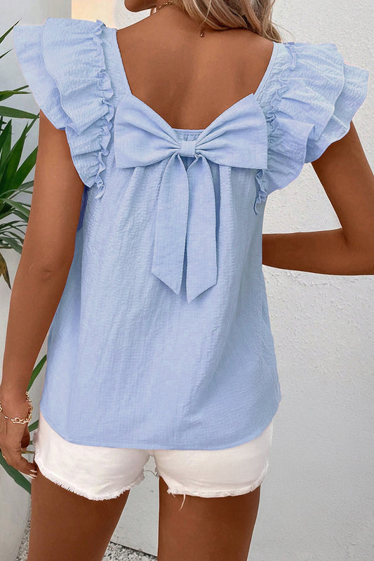 Beau Blue Textured Bow Knot Frilled Butterfly Sleeve Blouse-Tops/Blouses & Shirts-[Adult]-[Female]-Beau Blue-S-2022 Online Blue Zone Planet