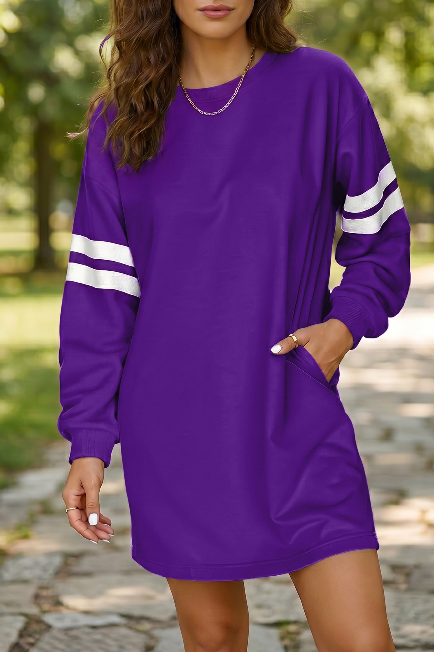 Tillandsia Purple Varsity Contrast Banded Sleeve Shift Sweatshirt Dress-TOPS / DRESSES-[Adult]-[Female]-2022 Online Blue Zone Planet