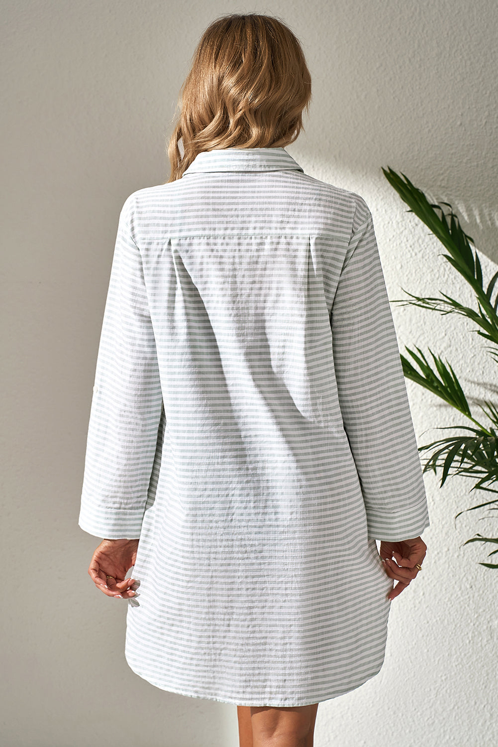 White Stripe Collared V Neck Chest Pocket Long Sleeve Beach Cover up-Swimwear/Beach Cover-ups-[Adult]-[Female]-2022 Online Blue Zone Planet