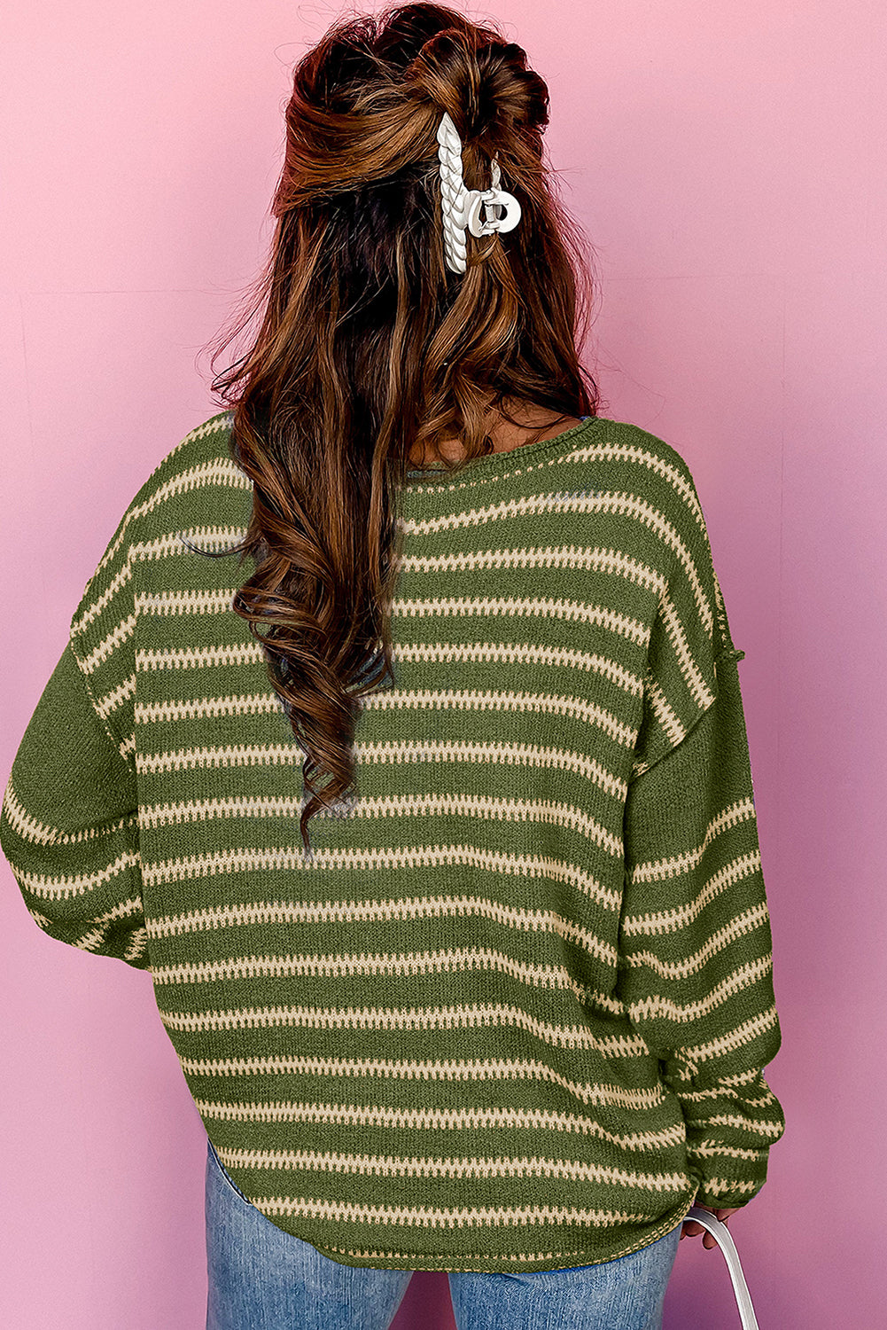 Blue Zone Planet | Green Stripe Drop Shoulder Sweater-TOPS / DRESSES-[Adult]-[Female]-2022 Online Blue Zone Planet