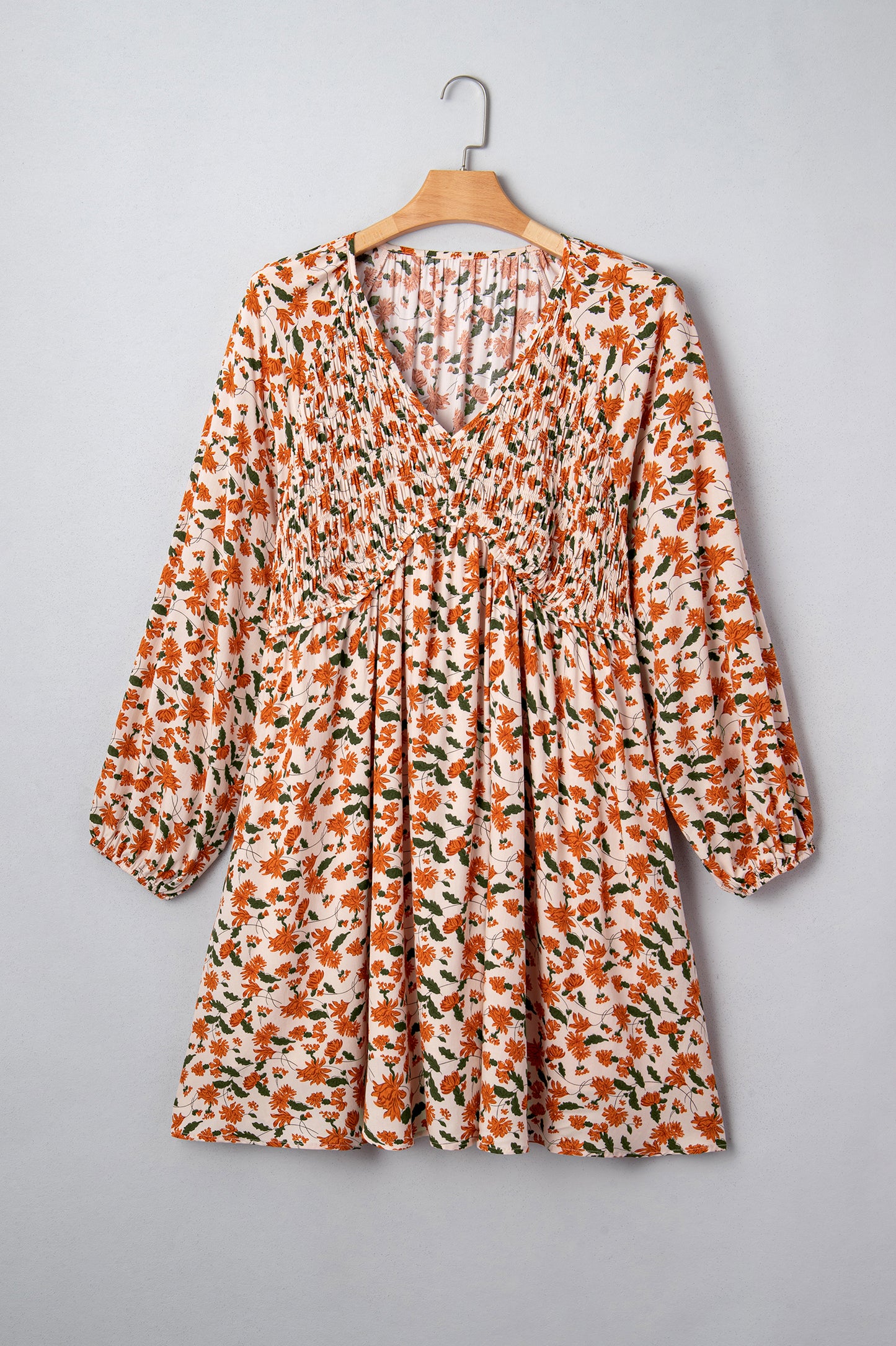 Beige Plus Size Floral Print V Neck Long Sleeve Babydoll Short Dress-TOPS / DRESSES-[Adult]-[Female]-2022 Online Blue Zone Planet