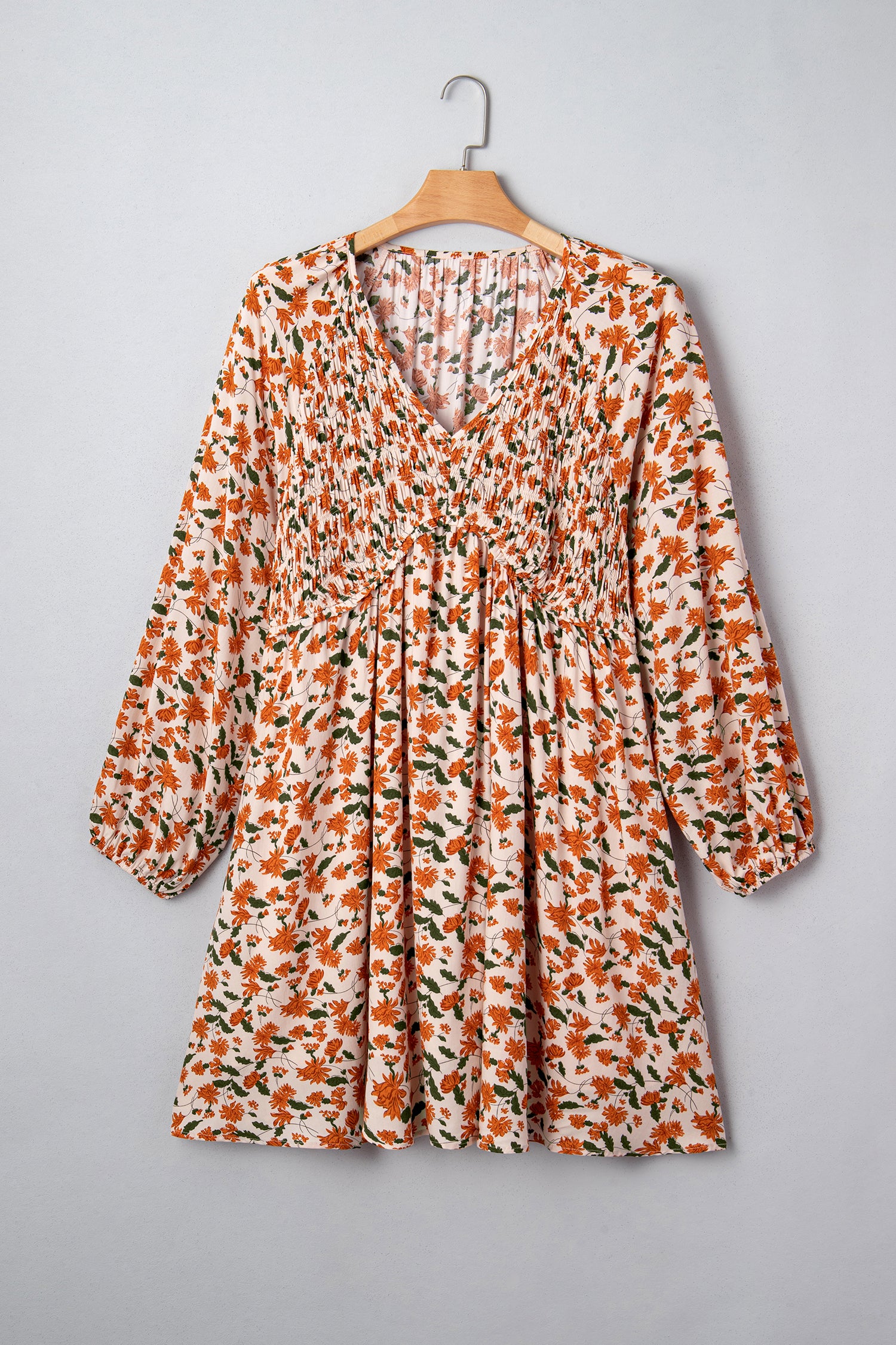 Beige Plus Size Floral Print V Neck Long Sleeve Babydoll Short Dress-TOPS / DRESSES-[Adult]-[Female]-2022 Online Blue Zone Planet