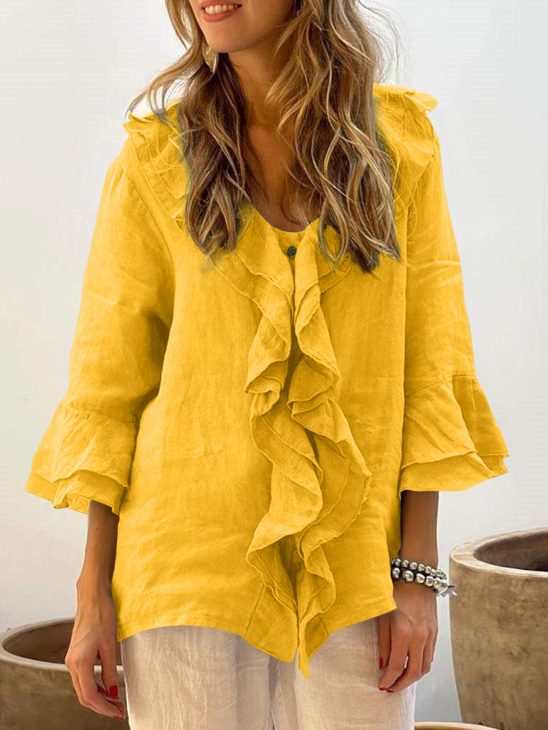 Full Size Ruffled V-Neck Flounce Sleeve Blouse-TOPS / DRESSES-[Adult]-[Female]-Yellow-S-2022 Online Blue Zone Planet