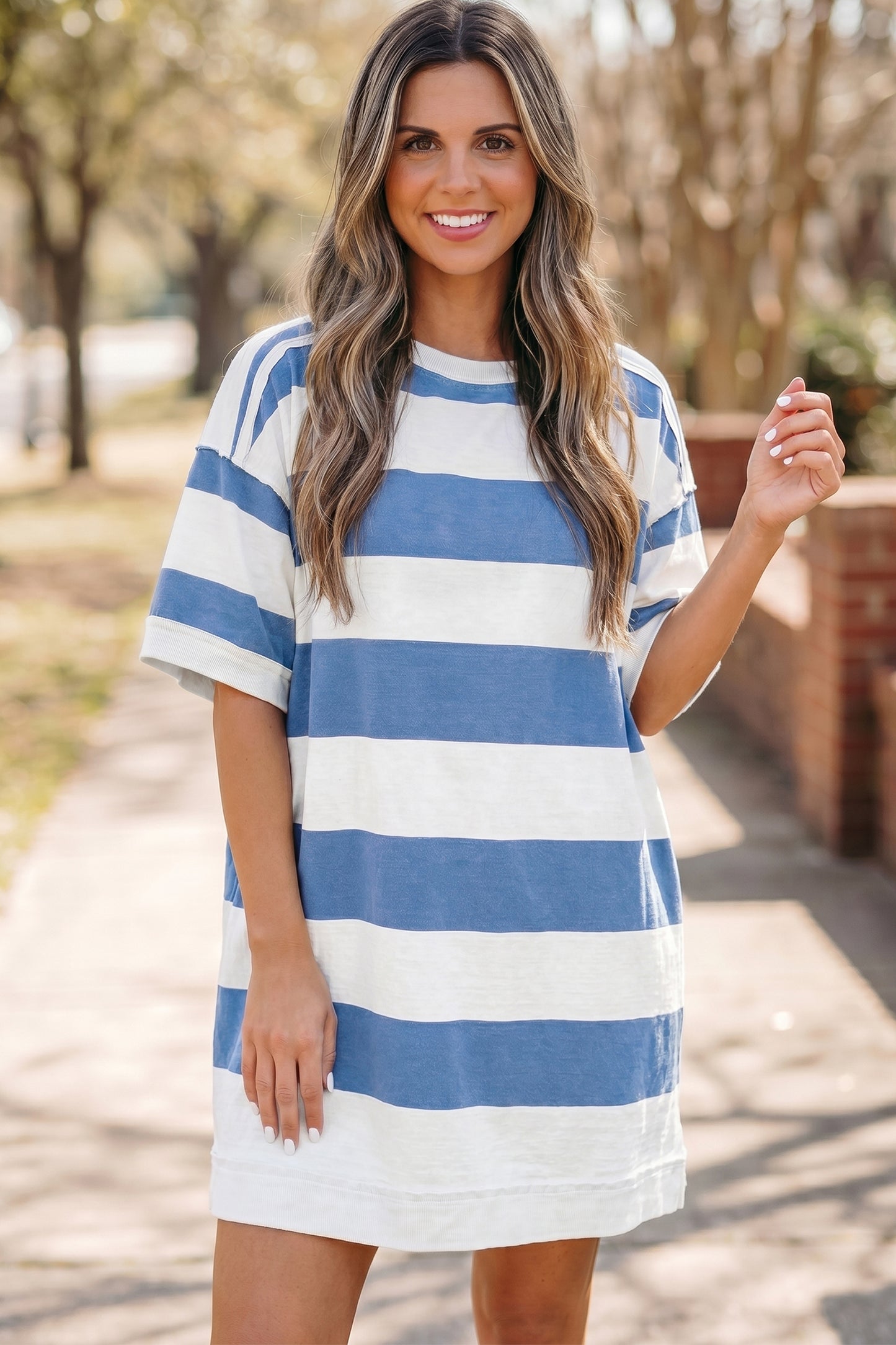 Blue Stripe Raw Seam Shoulder Detail Casual Tee Dress-TOPS / DRESSES-[Adult]-[Female]-2022 Online Blue Zone Planet