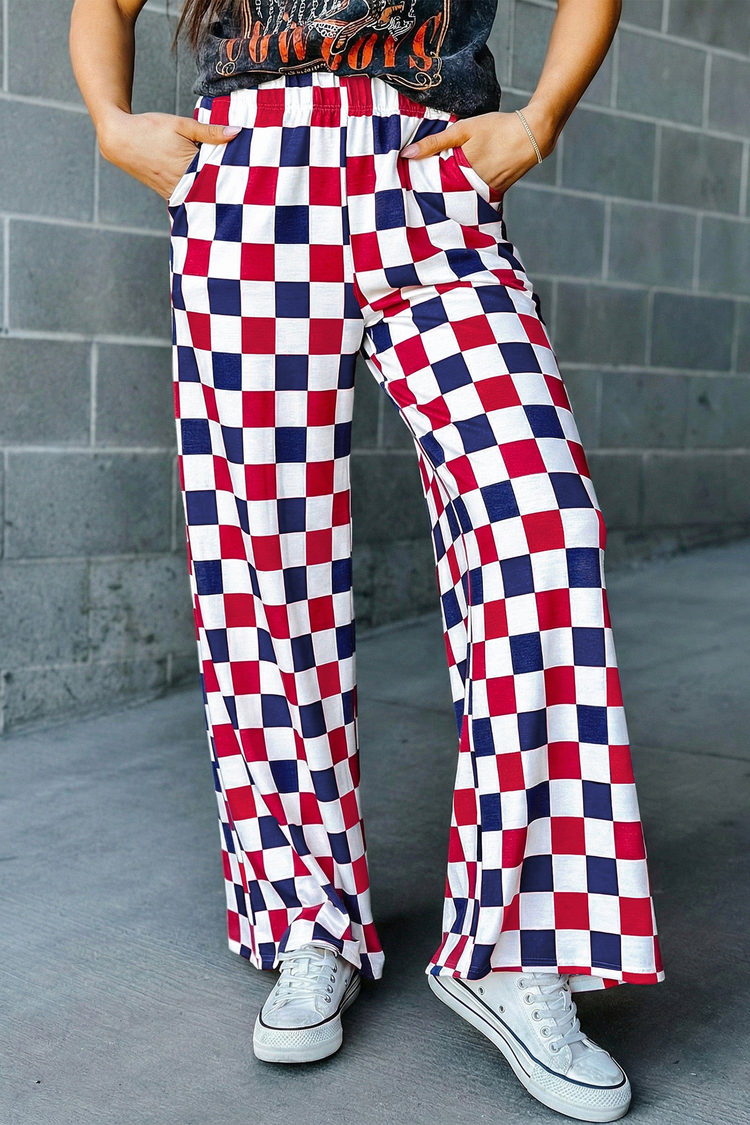 Red 2-Tone Checked Print High Waist Wide Leg Pants-Bottoms/Pants & Culotte-[Adult]-[Female]-2022 Online Blue Zone Planet