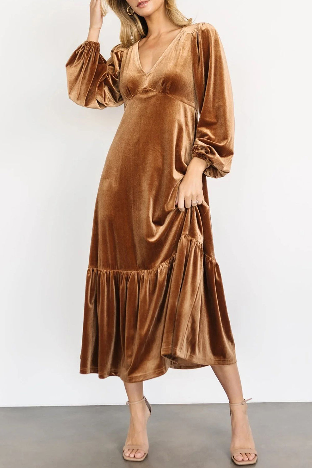 Blue Zone | V-Neck Long Sleeve Midi Velvet Dress - Blue Zone Blue Zone Planet Blue Zone | V-Neck Long Sleeve Midi Velvet Dress - Blue Zone Blue Zone Planet