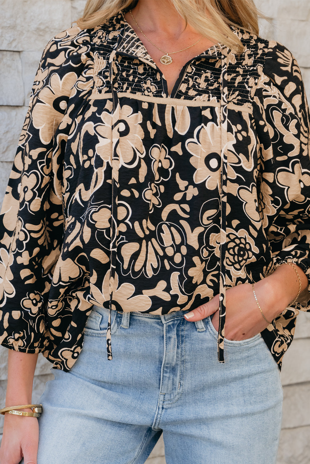 Blue Zone Planet | Black Floral Shirred Yoke Bracelet Sleeve Split Neck Boho Blouse-Tops/Blouses & Shirts-[Adult]-[Female]-2022 Online Blue Zone Planet