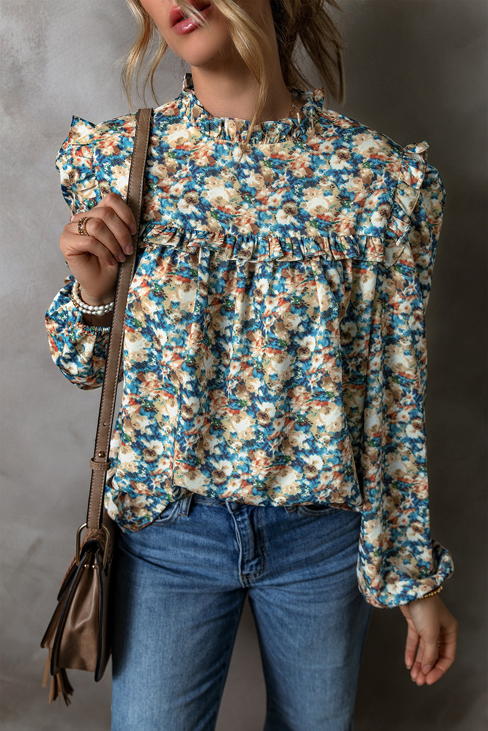 Sky Blue Floral Print Frilled Mock Neck Puff Sleeve Blouse-Tops/Blouses & Shirts-[Adult]-[Female]-2022 Online Blue Zone Planet