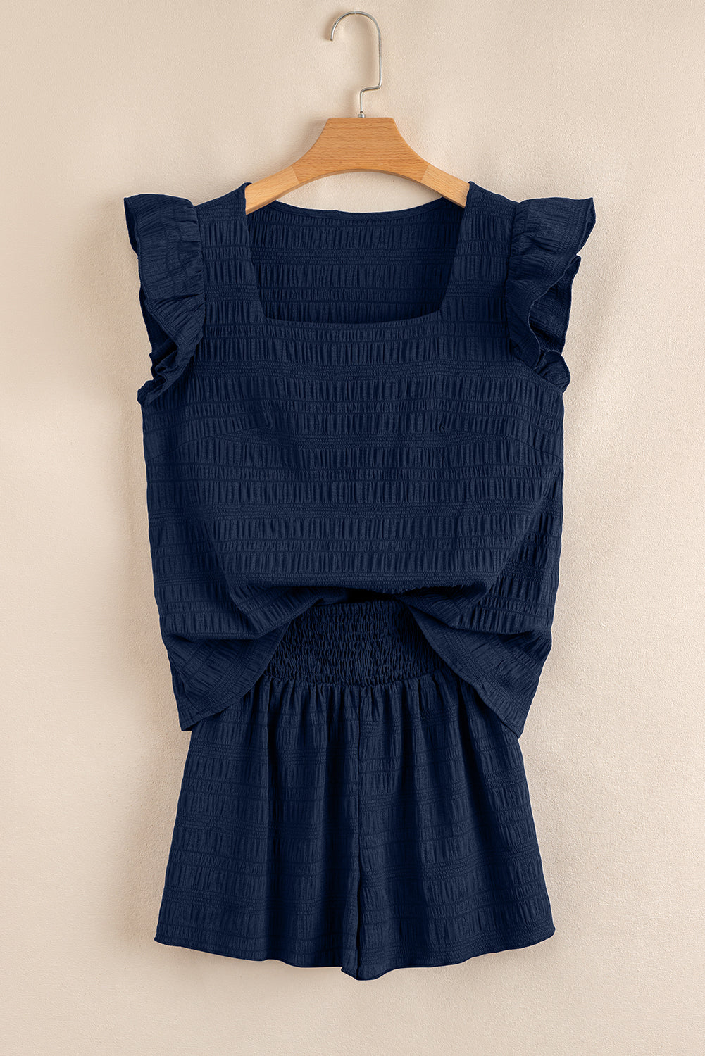 Dirty Blue Textured Square Neck Top And Shirred High Waist Shorts Set-Two Piece Sets/Short Sets-[Adult]-[Female]-2022 Online Blue Zone Planet
