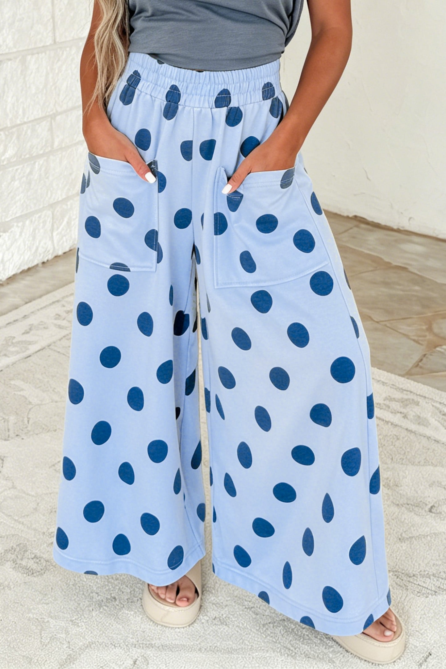 Sky Blue Polka Dot Wide Leg Elastic Waist Casual Pants-Bottoms/Pants & Culotte-[Adult]-[Female]-2022 Online Blue Zone Planet