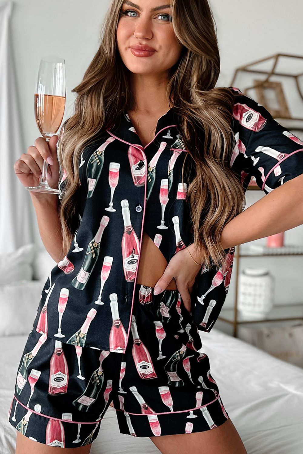 Champagne Print Short Sleeve Top and Shorts Set-TOPS / DRESSES-[Adult]-[Female]-2022 Online Blue Zone Planet