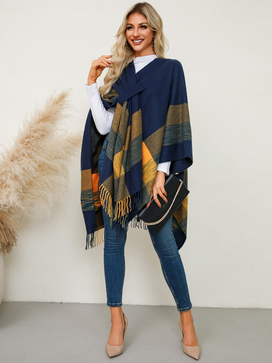 Fringe Contrast Plaid Poncho-TOPS / DRESSES-[Adult]-[Female]-2022 Online Blue Zone Planet