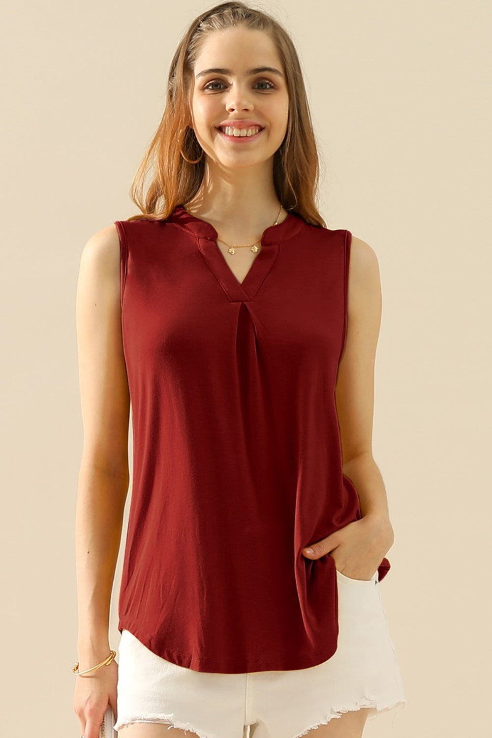 Blue Zone Planet | Ninexis Full Size Notched Sleeveless Top-TOPS / DRESSES-[Adult]-[Female]-BURGUNDY-S-2022 Online Blue Zone Planet