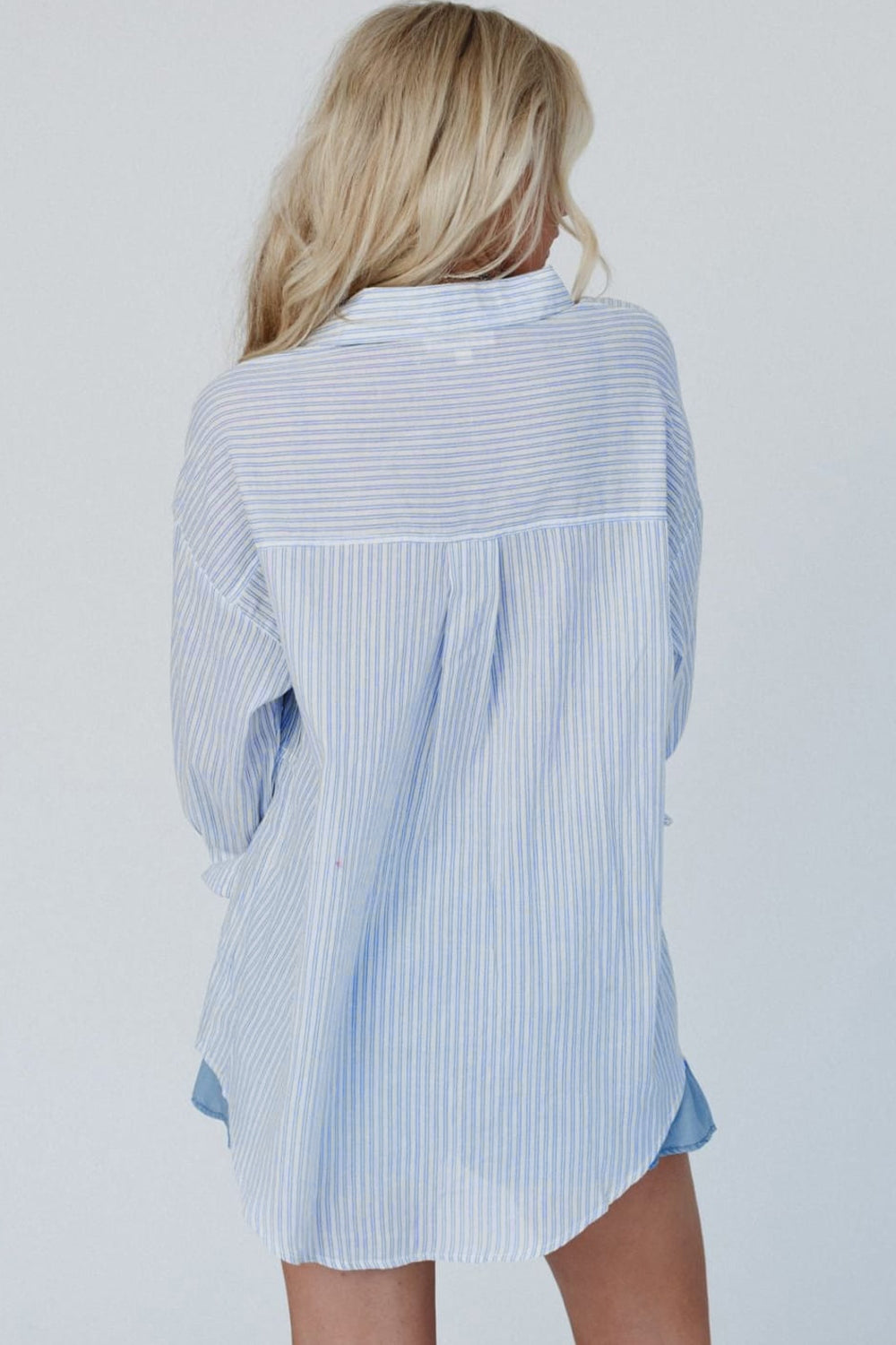 Blue Zone Planet | High-Low Striped Collared Neck Long Sleeve Shirt-SWEATERS-[Adult]-[Female]-2022 Online Blue Zone Planet