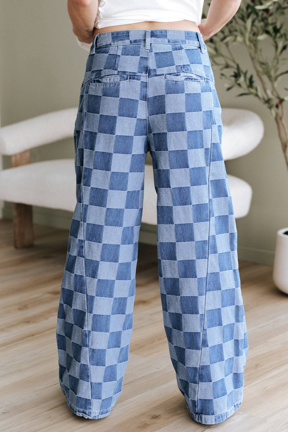 Blue Zone Planet | Dusk Blue Checkered Denim Wide Leg Jeans-Bottoms/Jeans-[Adult]-[Female]-2022 Online Blue Zone Planet