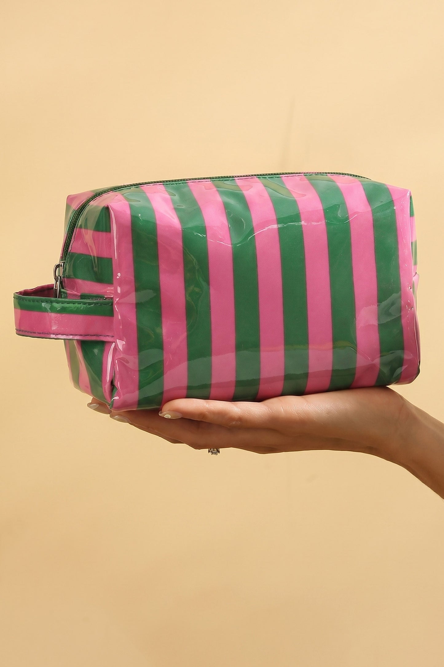 Light Pink PVC Striped Cosmetic Bag Durable Zipper Handle Travel Organizer