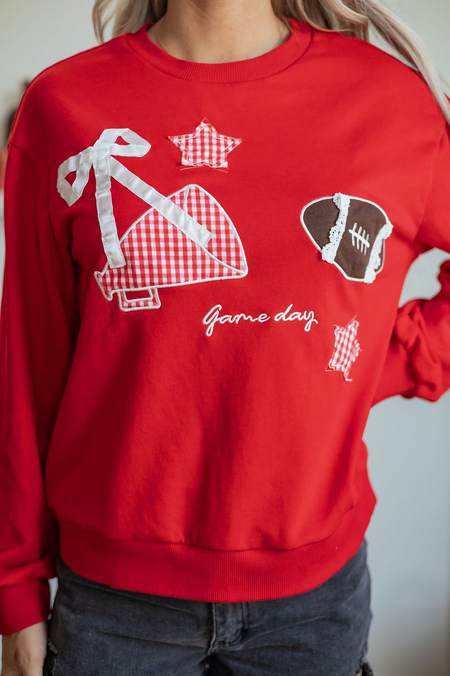 Racing Red Gingham Patch Embroidered Rugby Game Day Stars Sweatshirt-Tops/Sweatshirts & Hoodies-[Adult]-[Female]-2022 Online Blue Zone Planet