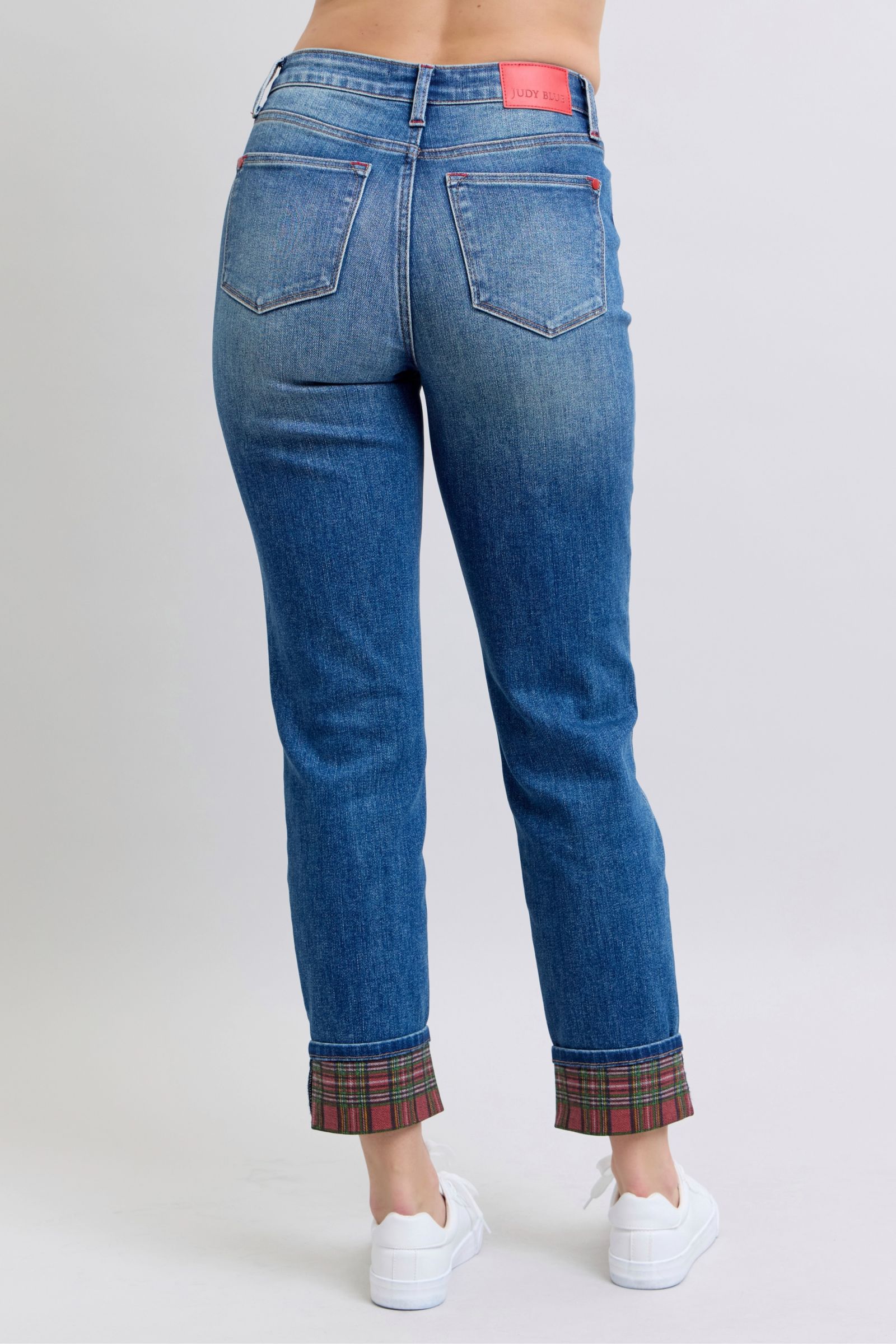 Blue Zone Planet | Judy Blue Full Size Plaid Print Cuff Straight Leg Jeans with Pockets-BOTTOMS SIZES SMALL MEDIUM LARGE-[Adult]-[Female]-2022 Online Blue Zone Planet